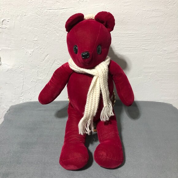 Vintage Handmade Velvet Red Teddy Bear Button Eyes Scarf & Hat - Picture 1 of 10